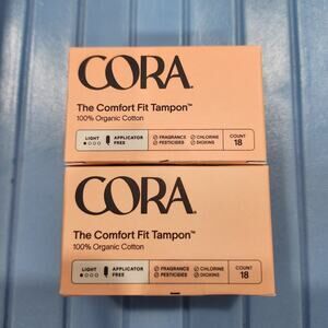 2 Packs of 18 Count Cora Organic Cotton Tampons Applicator Free Light 36 Total